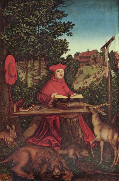 Portrat des Kardinal Albrecht von Brandenburg als Hl. Hieronymus im Grunen